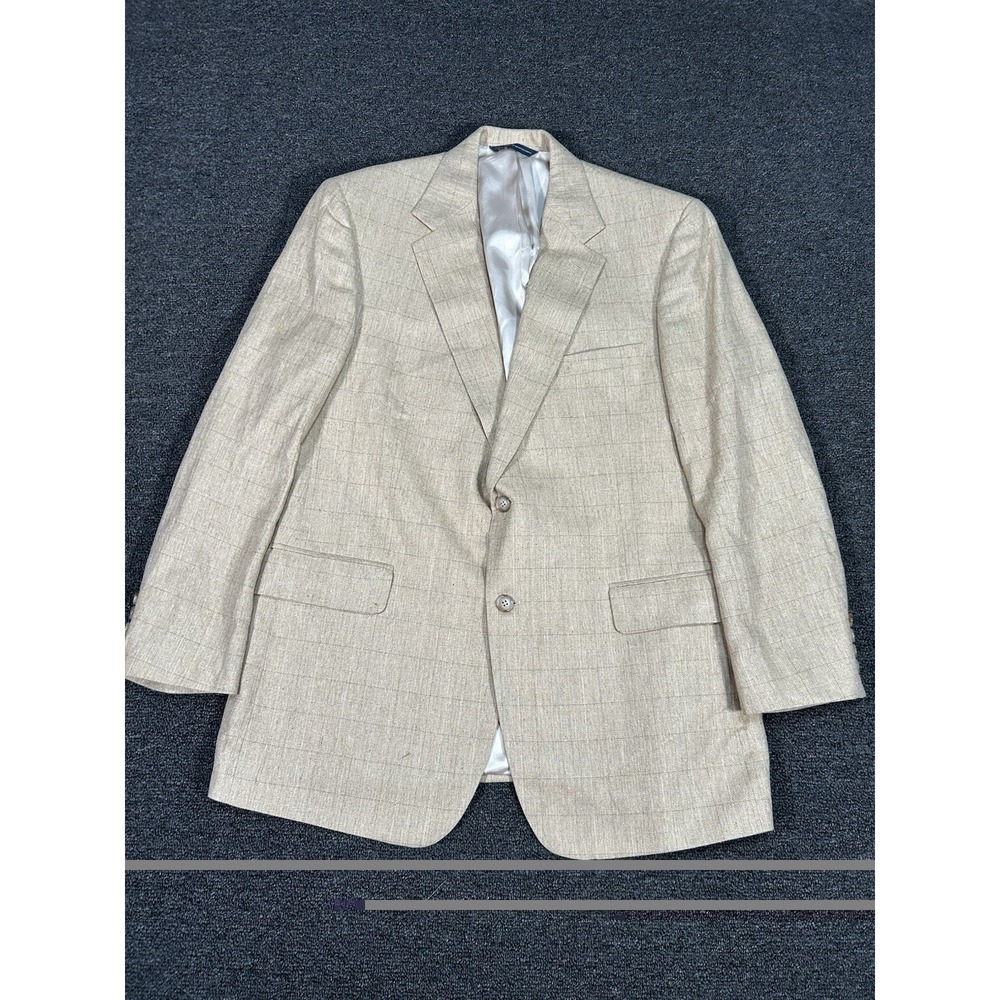 Vintage Brooks Brothers Blazer Men‎ 43R Beige Windowpane Worsted Wool Silk Linen